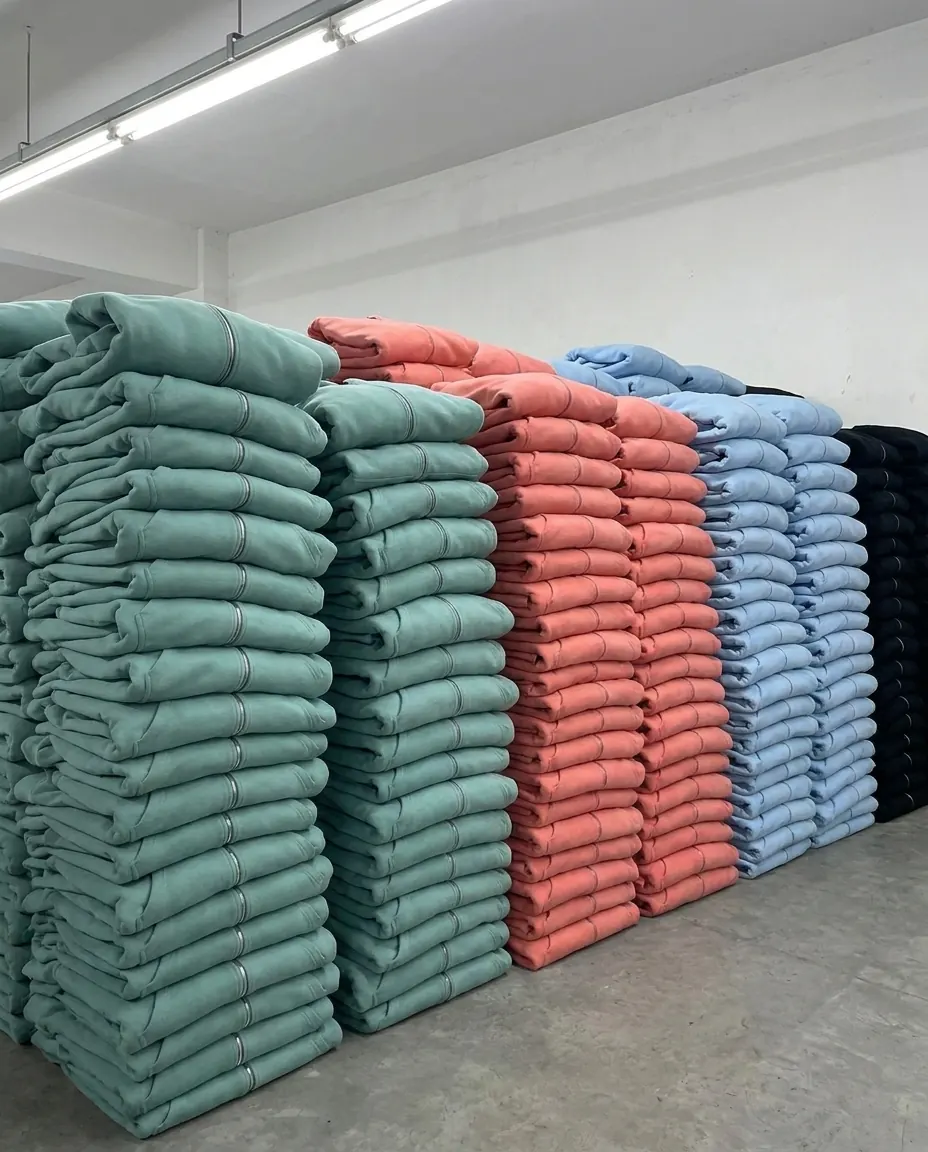 Tall folded stacks of hoodies organised by colourway against the factory wall