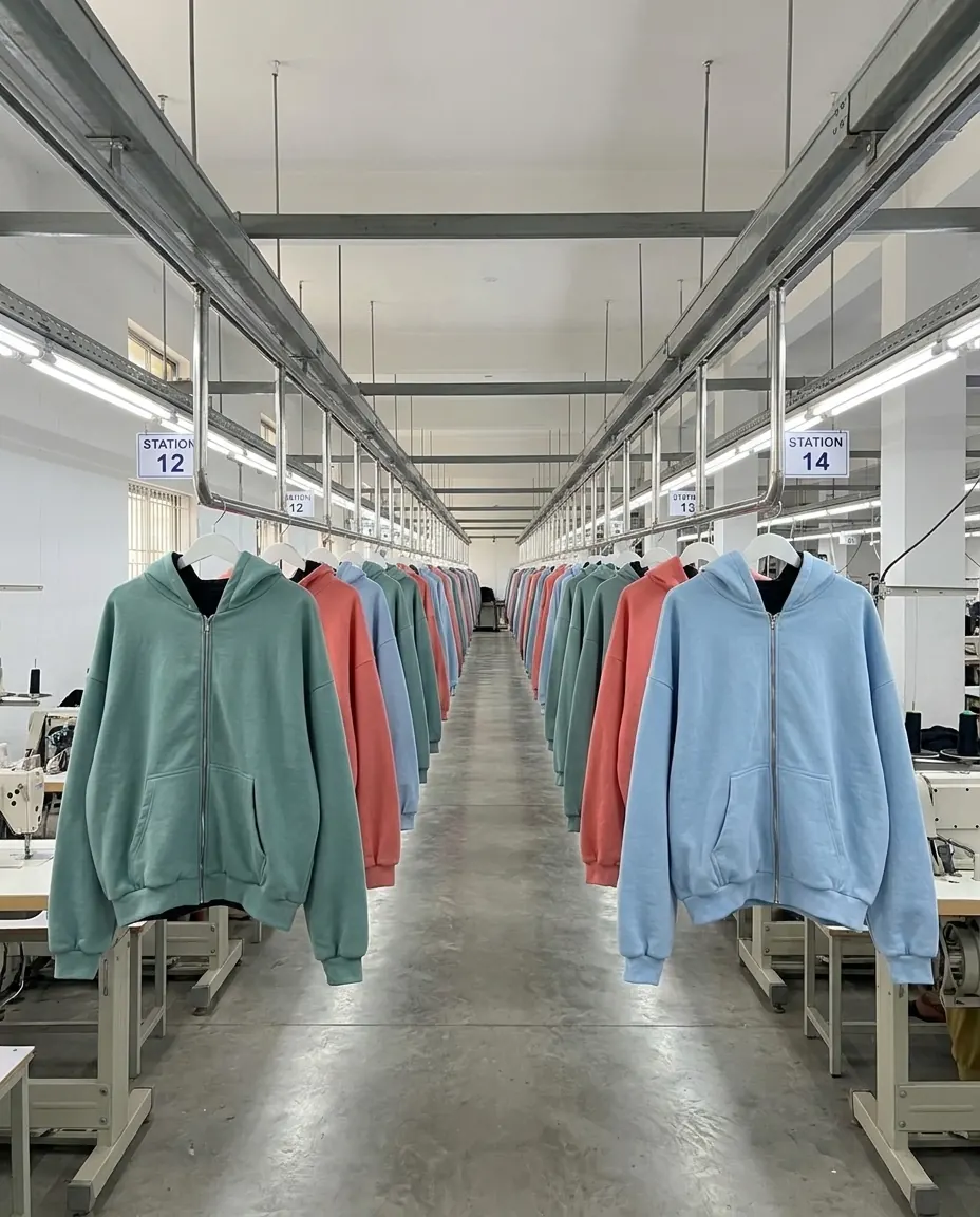 Finished hoodies hanging on rails down the factory production corridor