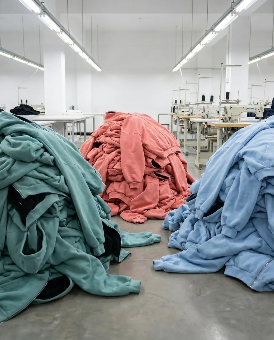 Loose piles of freshly sewn hoodies by colourway on the factory floor in Lahore