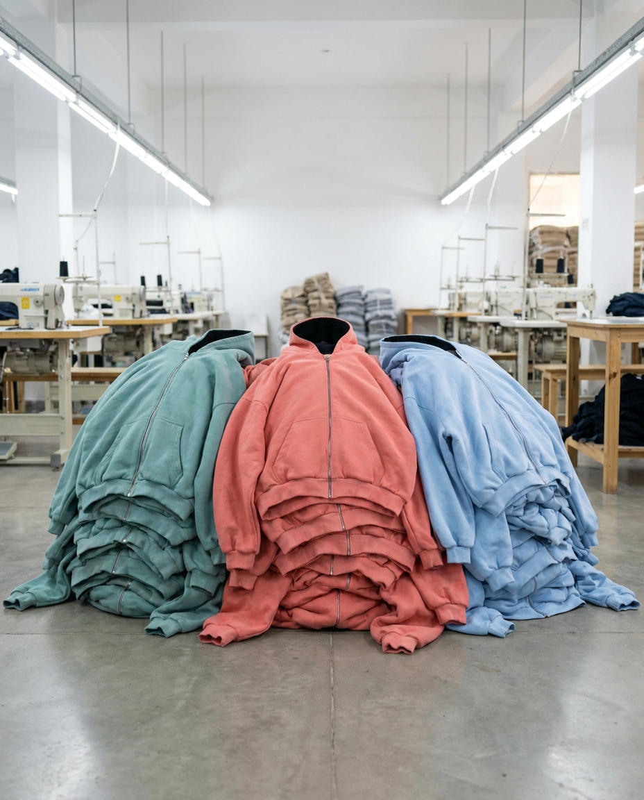Ghost 44 Factory floor in Lahore — teal, coral and blue hoodies stacked in piles between rows of sewing machines