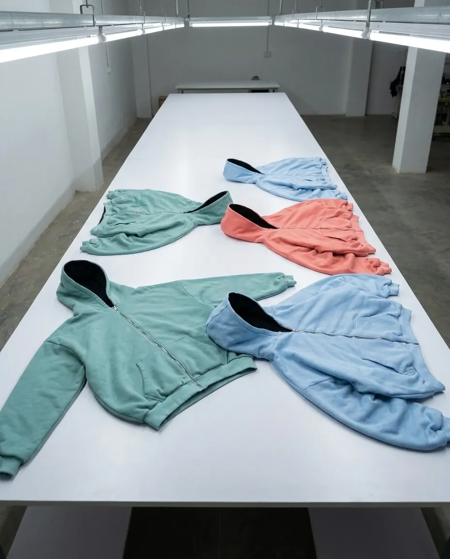 Zip hoodies laid flat across a long white cutting table for inspection