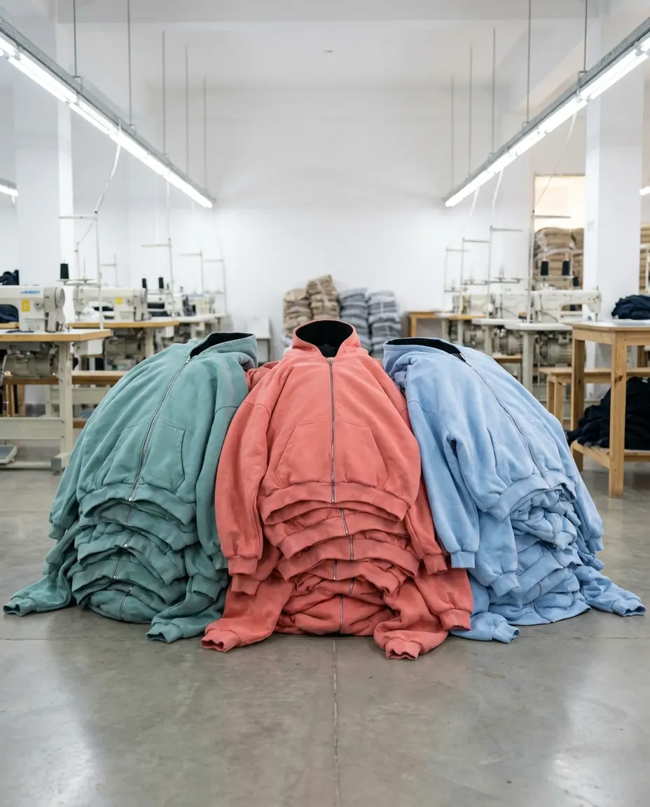 Ghost 44 Factory floor in Lahore — teal, coral and blue hoodies stacked in piles between rows of sewing machines