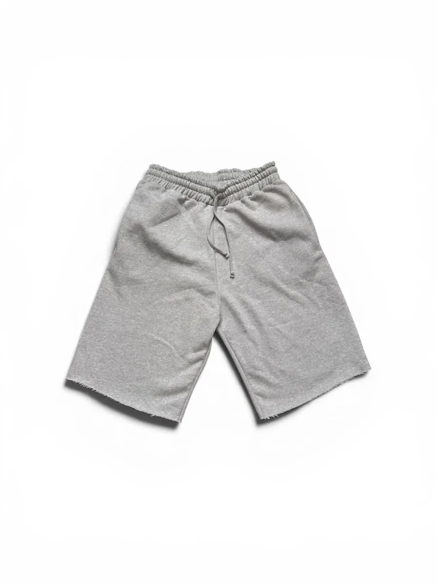 Grey fleece shorts laid flat
